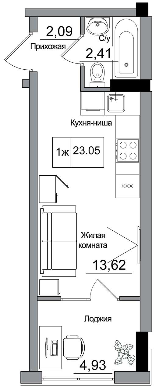 Planning Smart flats area 23.05m2, AB-16-01/00012.