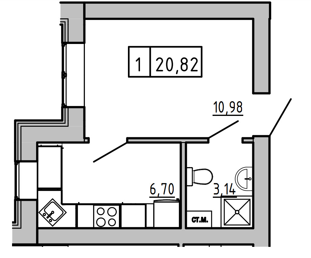 Planning 1-rm flats area 20.82m2, KS-01А-01/0001.