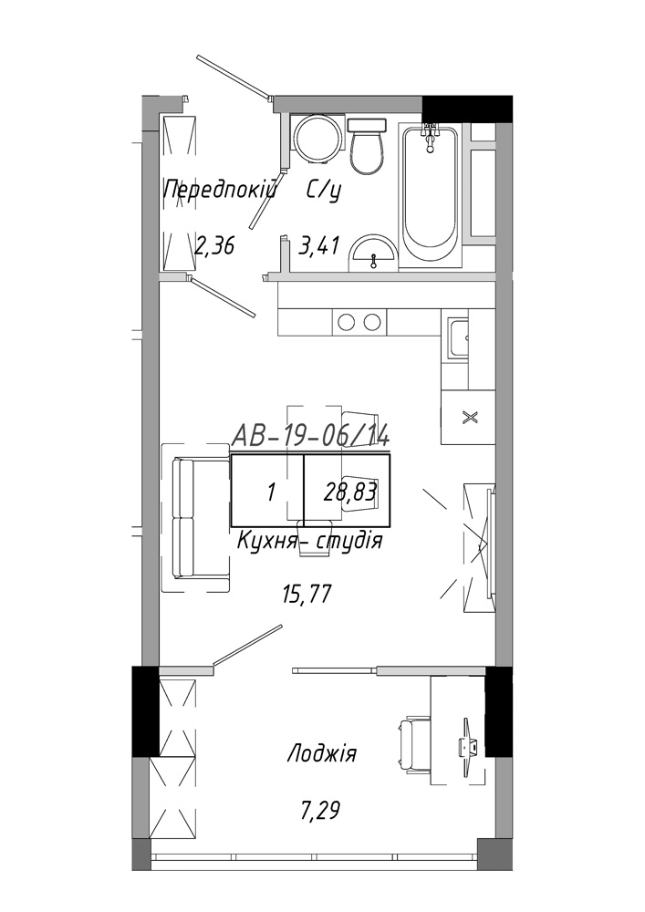 Планировка Smart-квартира площей 28.83м2, AB-19-06/00014.