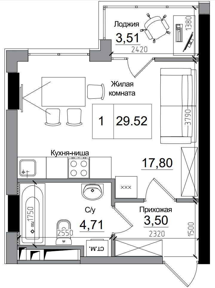Планировка Smart-квартира площей 29.52м2, AB-15-11/00005.