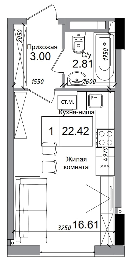 Планировка Smart-квартира площей 22.42м2, AB-04-09/00003.