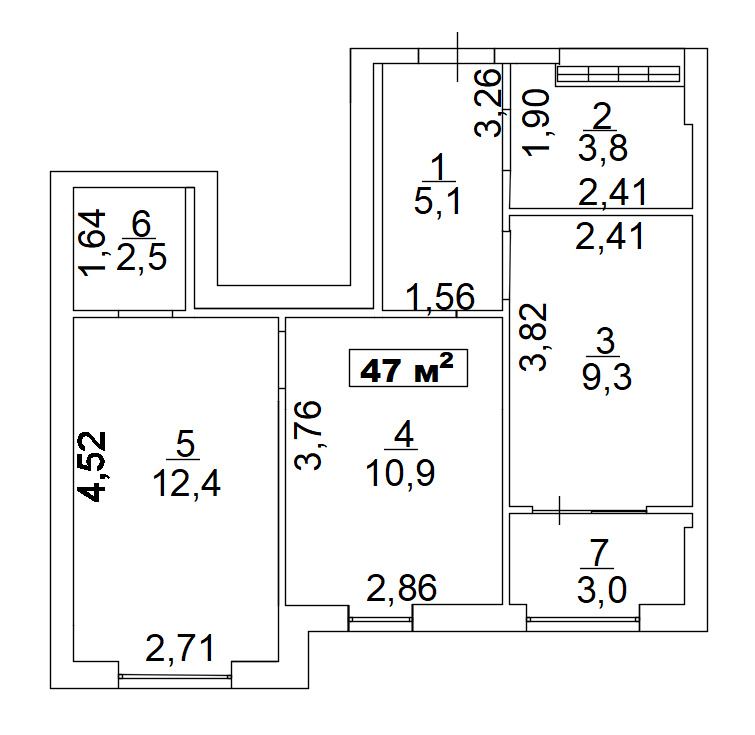 Планировка 2-к квартира площей 47м2, AB-02-05/00014.
