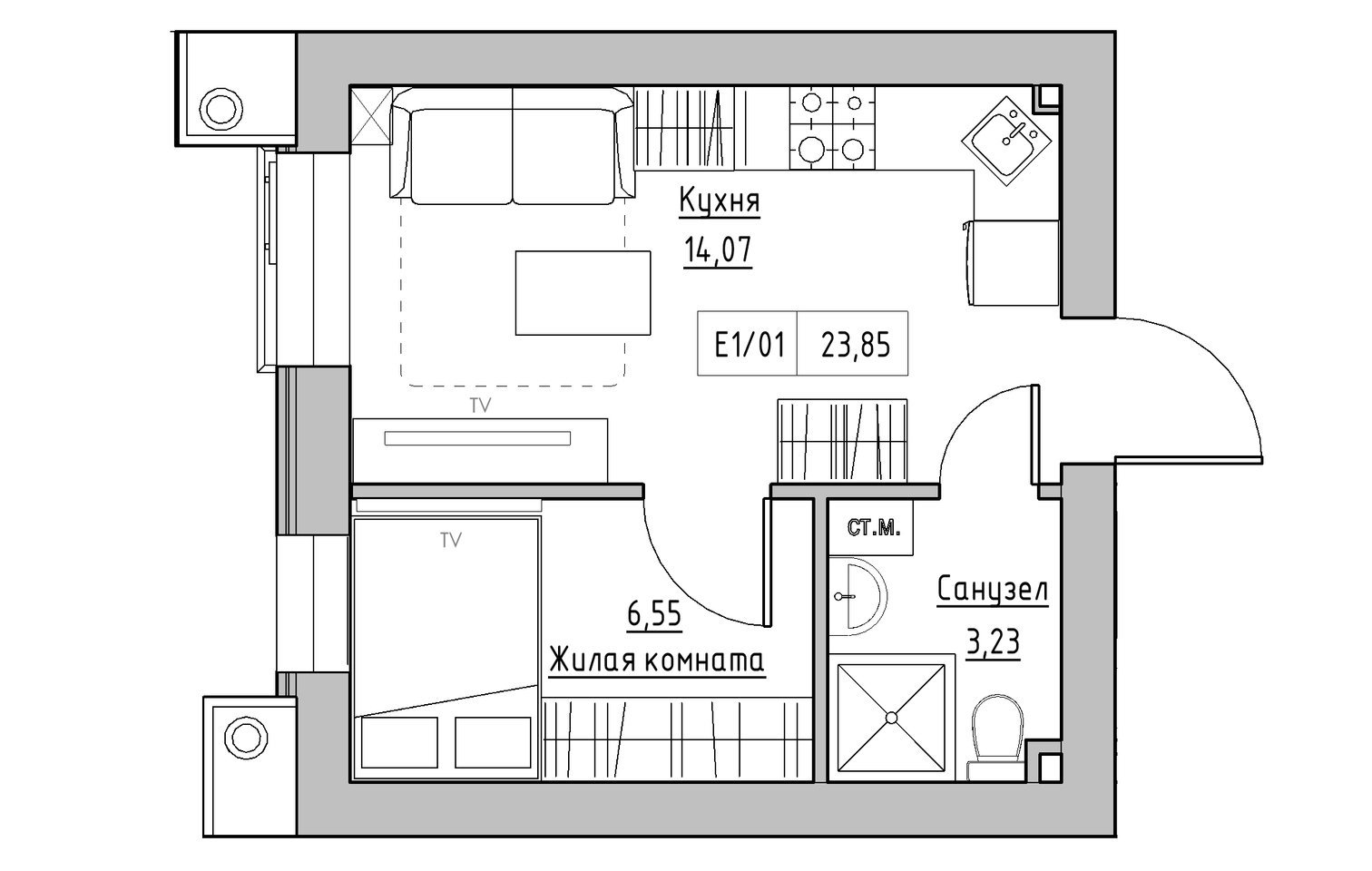 Planning 1-rm flats area 23.85m2, KS-013-02/0003.