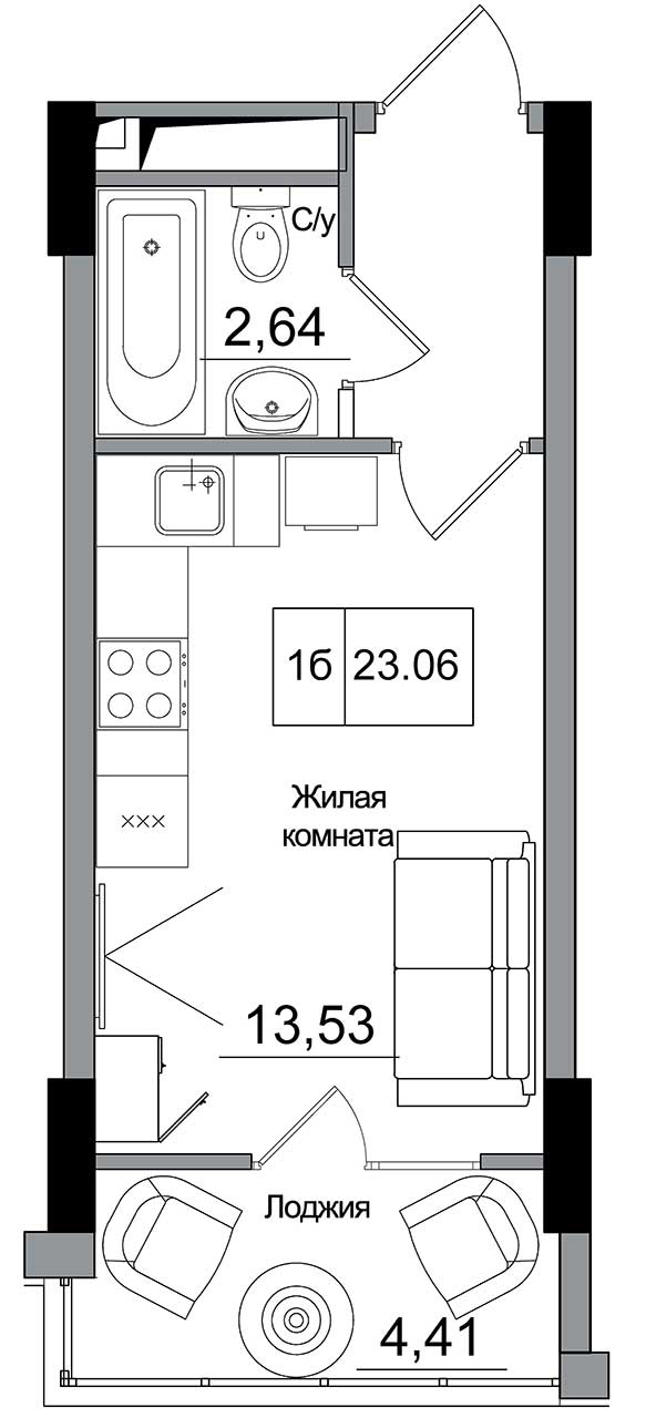Планування Smart-квартира площею 23.06м2, AB-16-10/00002.