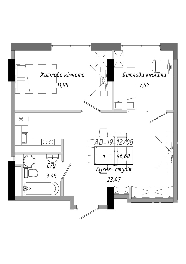 Планировка 2-к квартира площей 46.6м2, AB-19-12/00008.