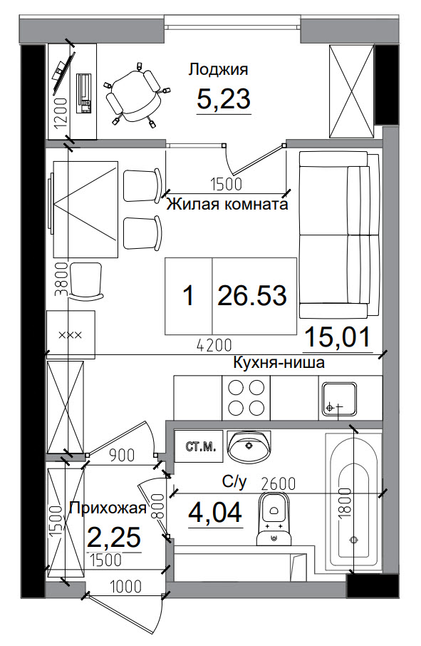 Планировка Smart-квартира площей 26.53м2, AB-11-07/00006.