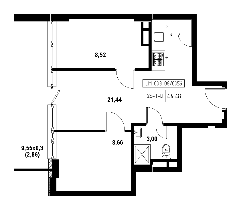 Planning 2-rm flats area 44.48m2, 21c65f0d-1f56-11eb-ba9c-00155d42e31d.
