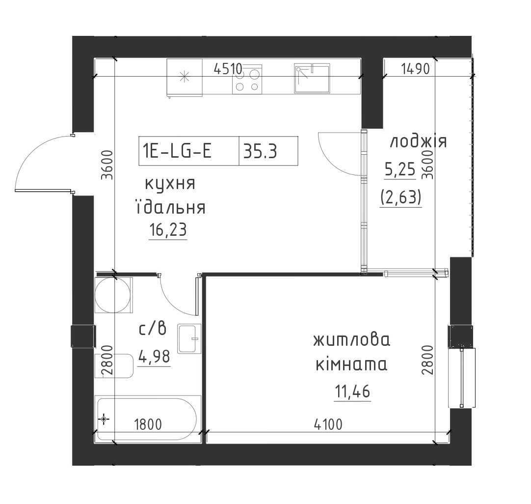 Планування 1-к квартира площею 35.3м2, LR-002-06/0003.