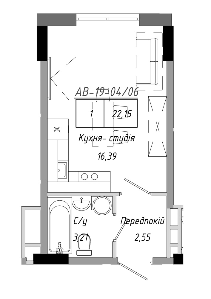 Планування Smart-квартира площею 22.15м2, AB-19-04/00006.