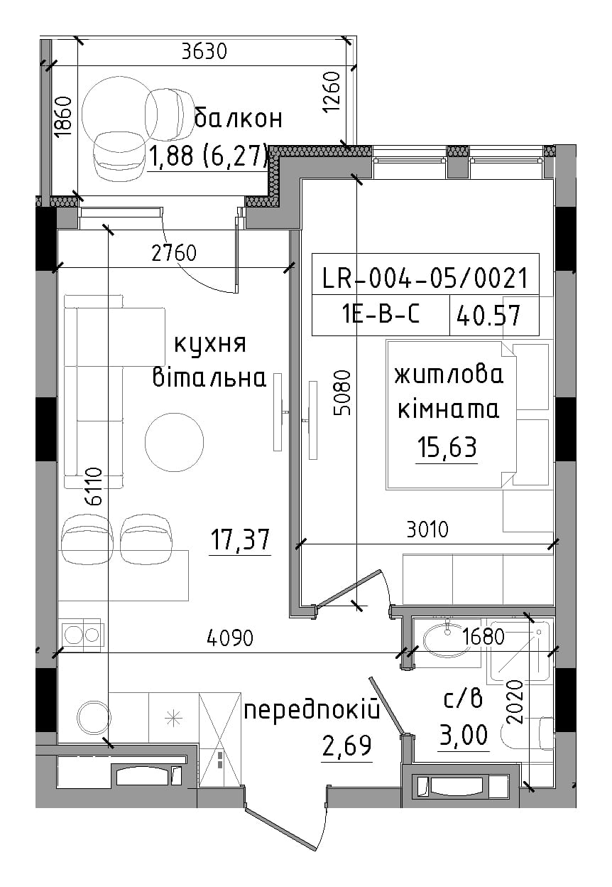Планировка 1-к квартира площей 40.57м2, LR-004-05/0021.