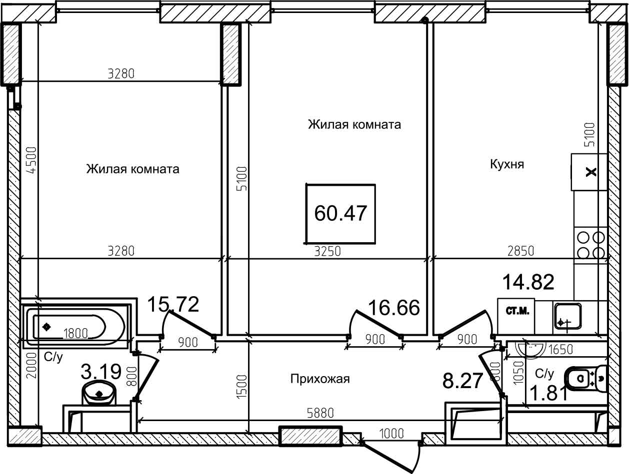 Planning 2-rm flats area 59.5m2, AB-08-11/00007.