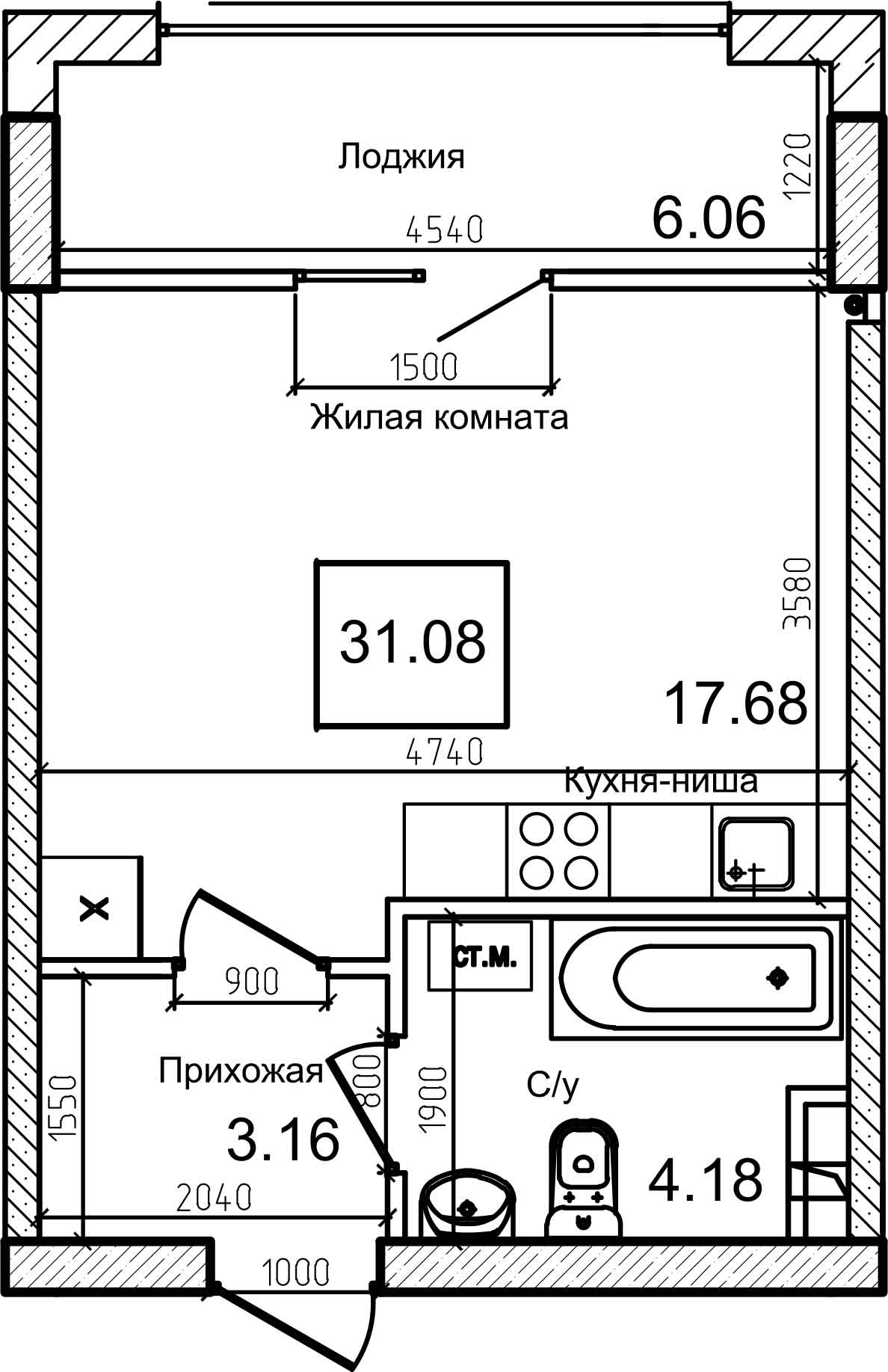 Планировка Smart-квартира площей 31.5м2, AB-08-02/00008.