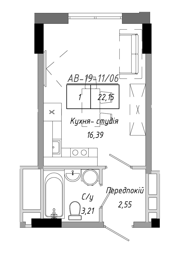 Планування Smart-квартира площею 22.15м2, AB-19-11/00006.
