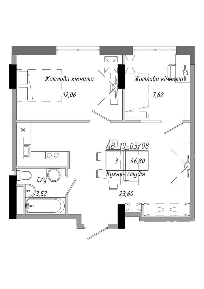 Планировка 2-к квартира площей 46.8м2, AB-19-03/00008.