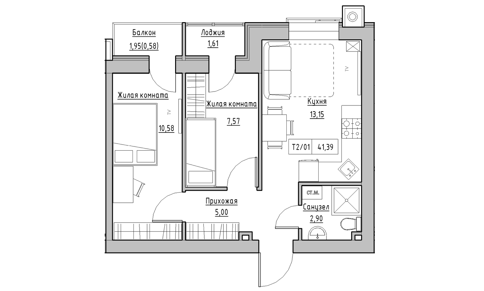 Планировка 2-к квартира площей 41.39м2, KS-014-03/0005.