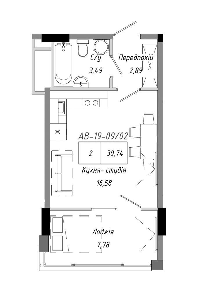 Планировка 1-к квартира площей 30.74м2, AB-19-09/00002.