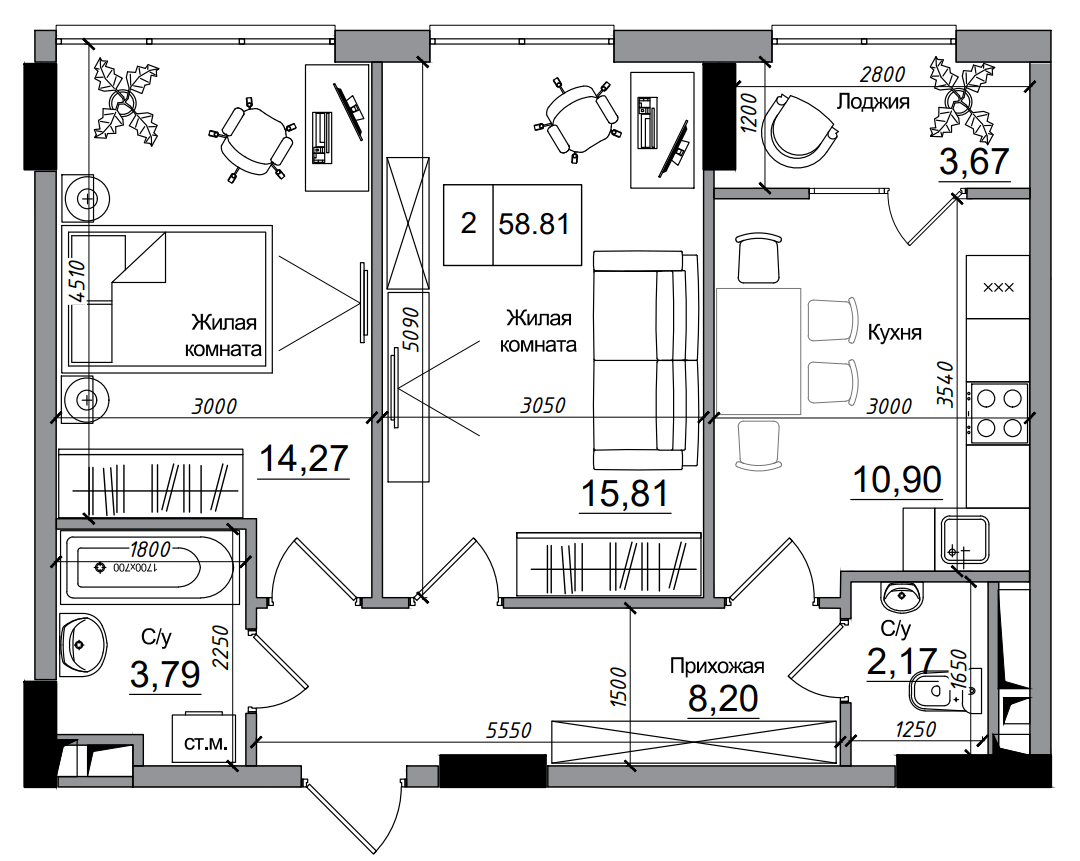 Планування 2-к квартира площею 58.81м2, AB-14-04/00007.