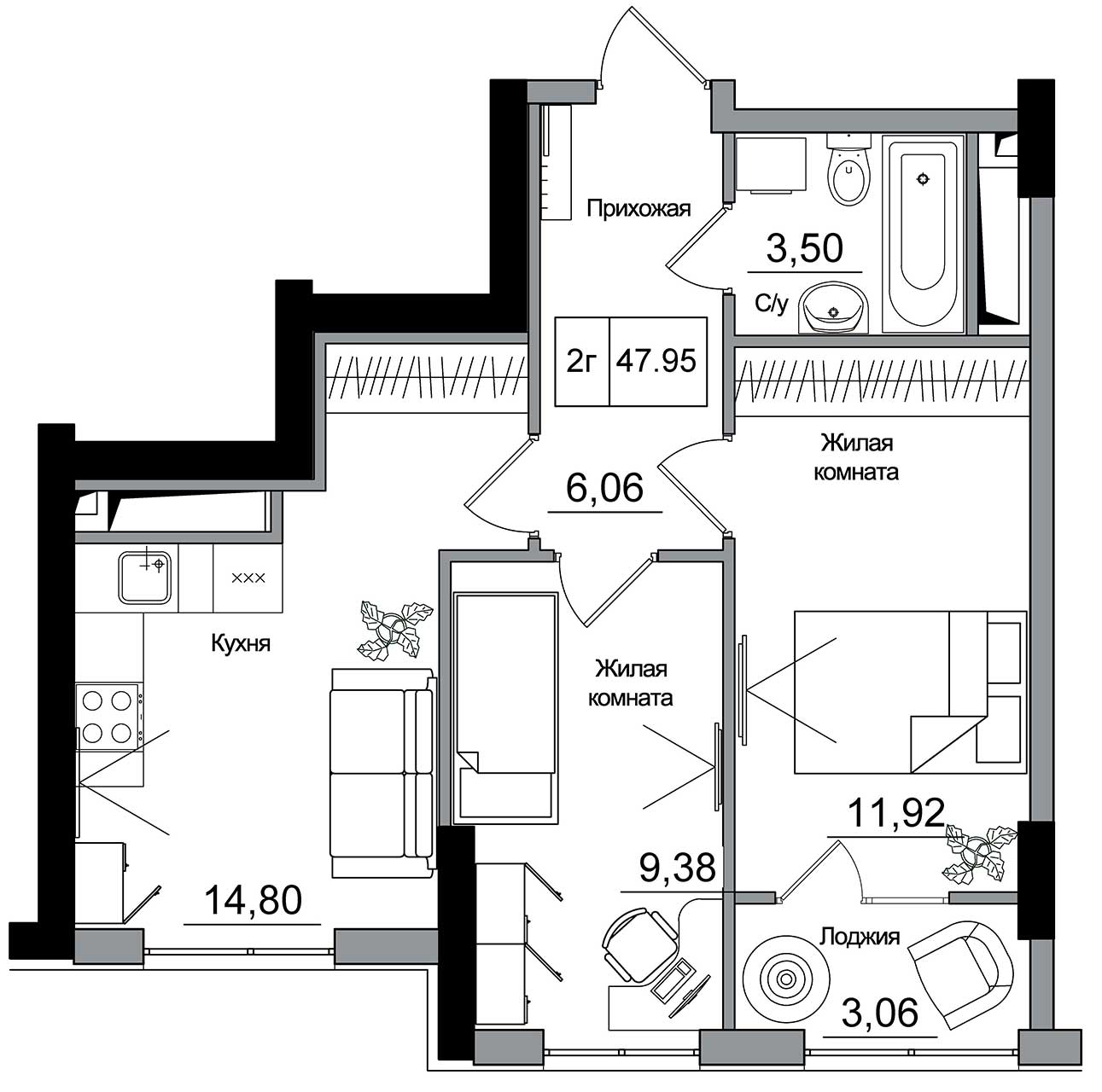 Планування 2-к квартира площею 47.95м2, AB-16-06/00014.