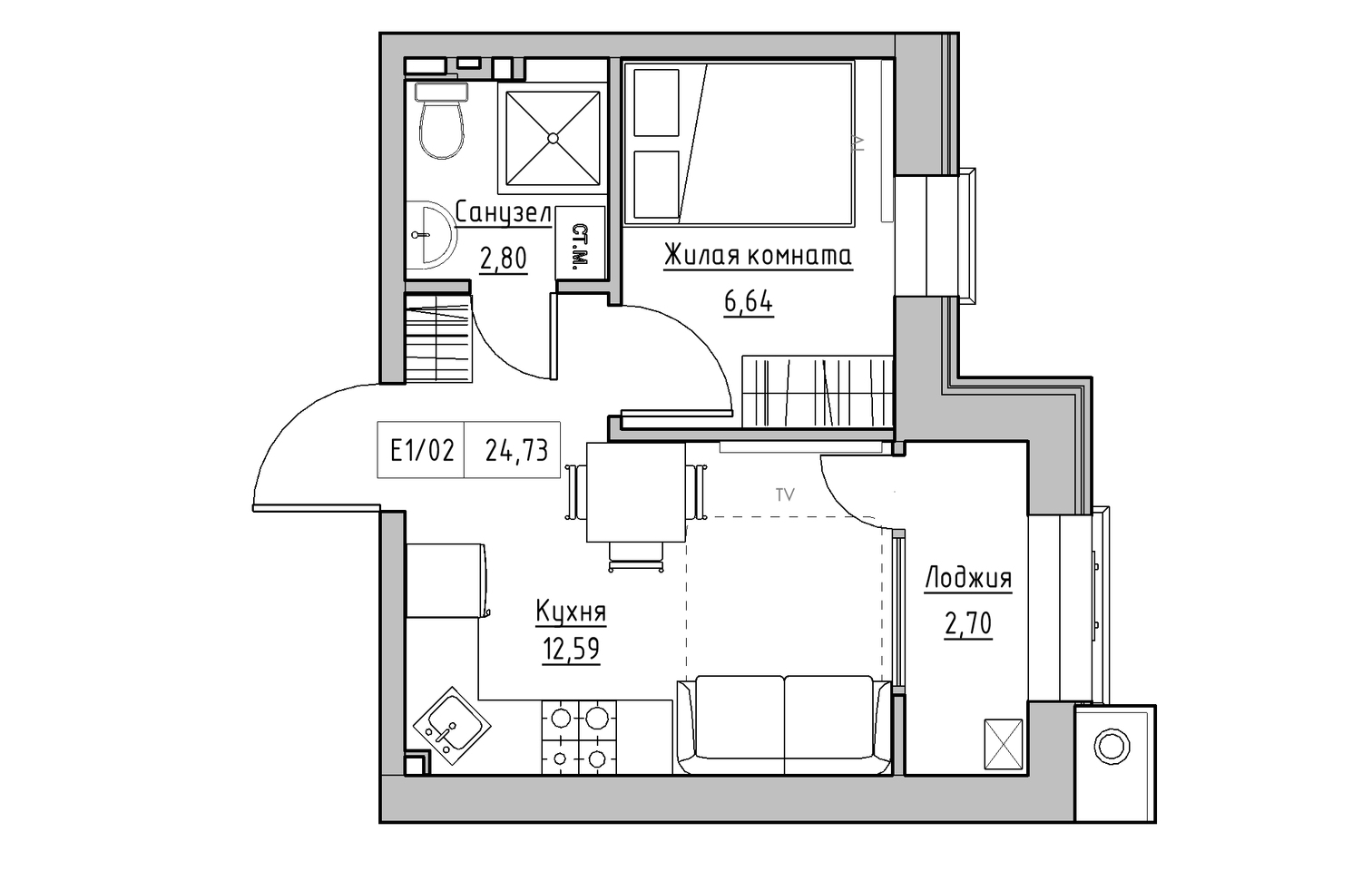 Планировка 1-к квартира площей 24.73м2, KS-013-05/0001.