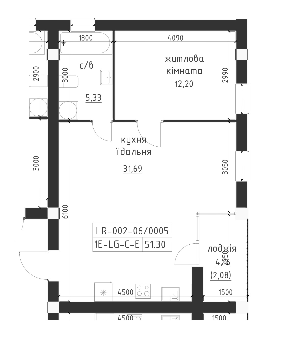 Планування 1-к квартира площею 51.3м2, LR-002-06/0005.