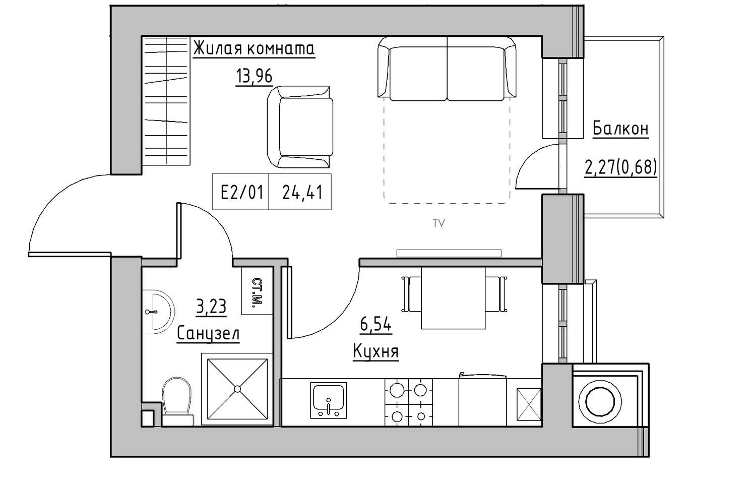 Planning 1-rm flats area 24.41m2, KS-010-04/0009.