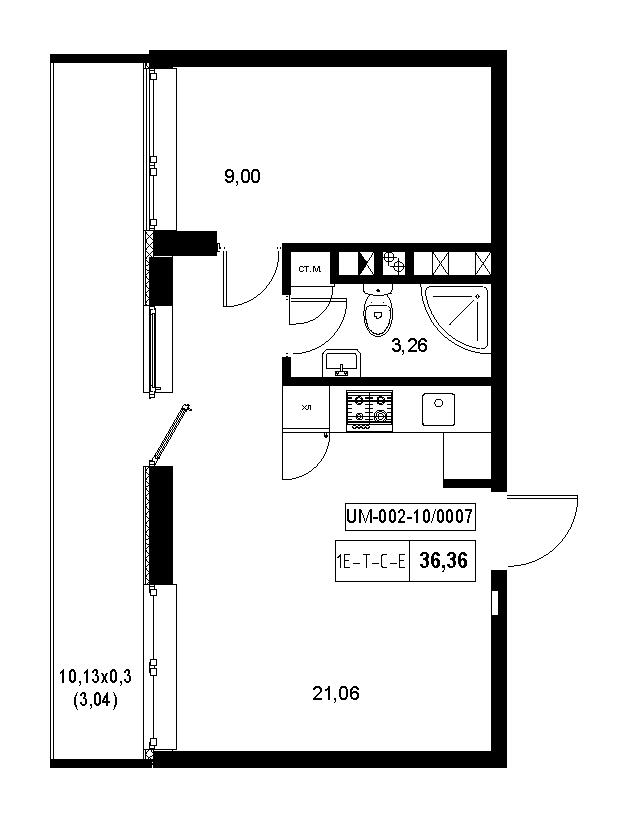 Планування 1-к квартира площею 36.36м2, d3985761-ea1c-11ef-bacf-00155d42e31d.