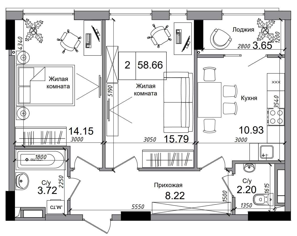 Планування 2-к квартира площею 58.66м2, AB-04-05/00007.
