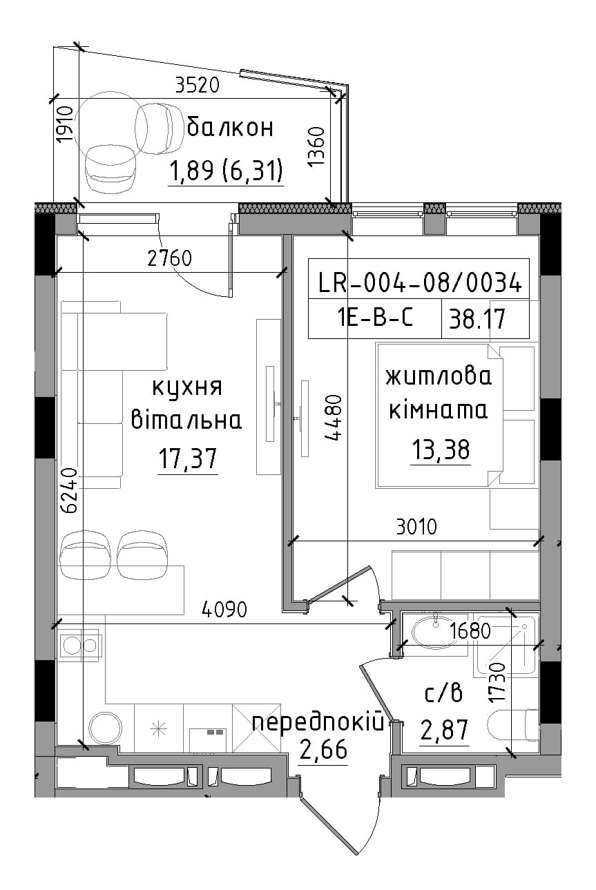 Планировка 1-к квартира площей 38.17м2, LR-004-08/0034.