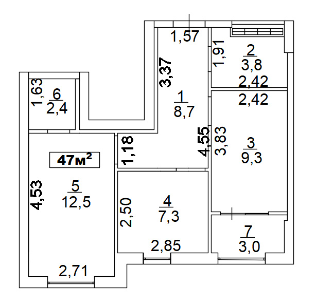Планування 2-к квартира площею 47м2, AB-02-07/00014.