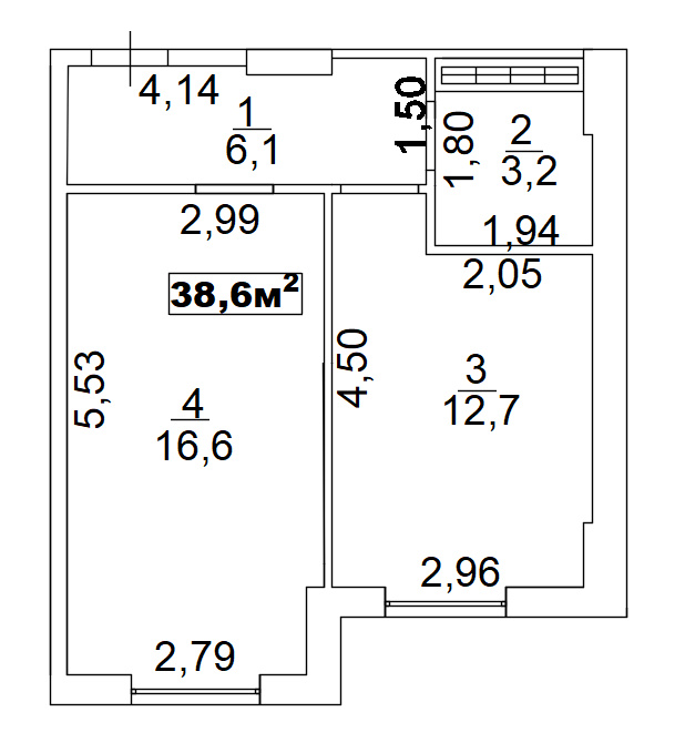 Планування 1-к квартира площею 38.6м2, AB-02-05/00011.