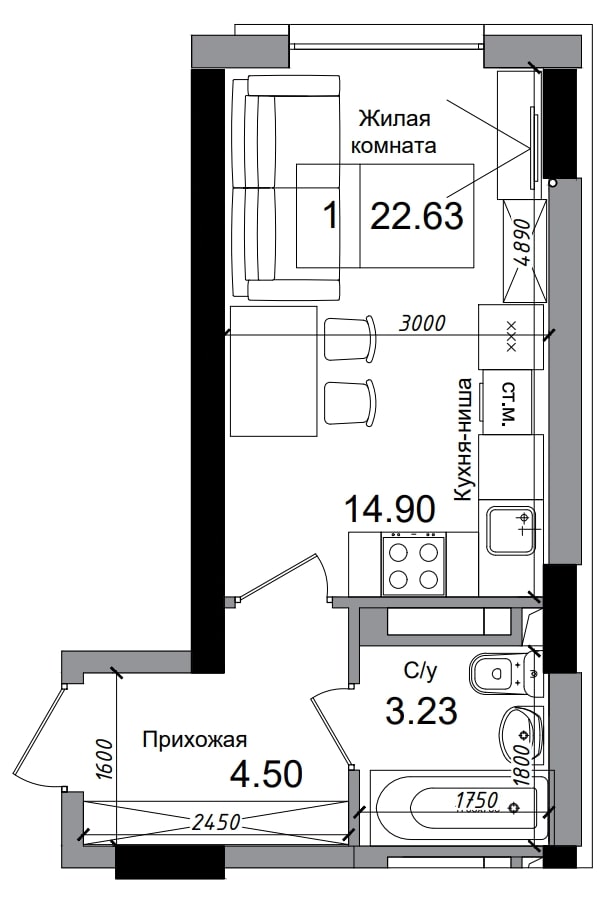Планування Smart-квартира площею 22.63м2, AB-04-06/00011.
