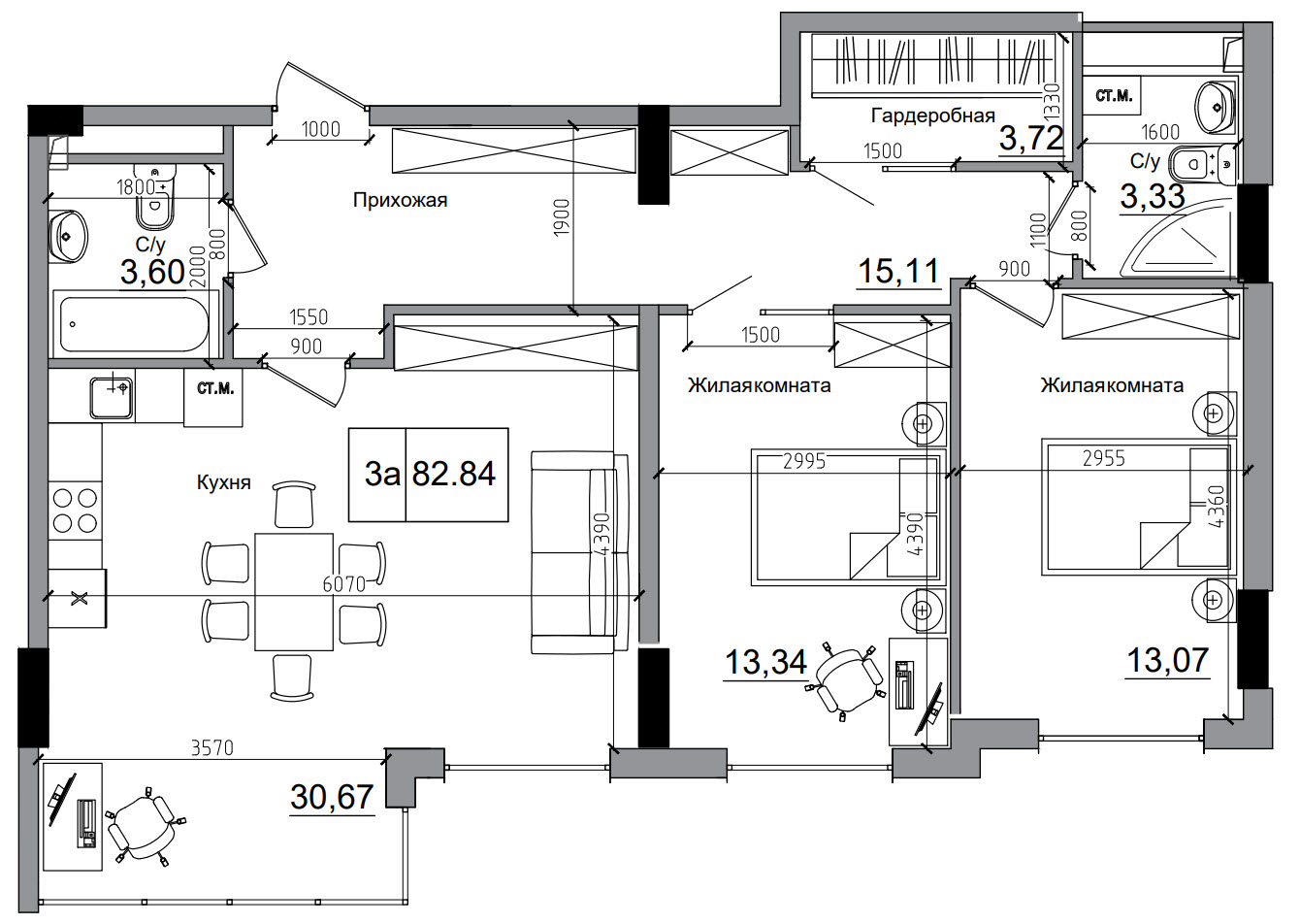Planning 2-rm flats area 82.84m2, AB-11-12/00012.