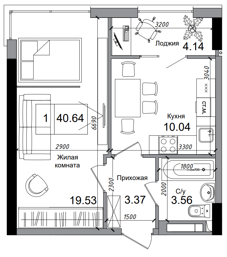 Планування 1-к квартира площею 40.64м2, AB-04-08/00006.