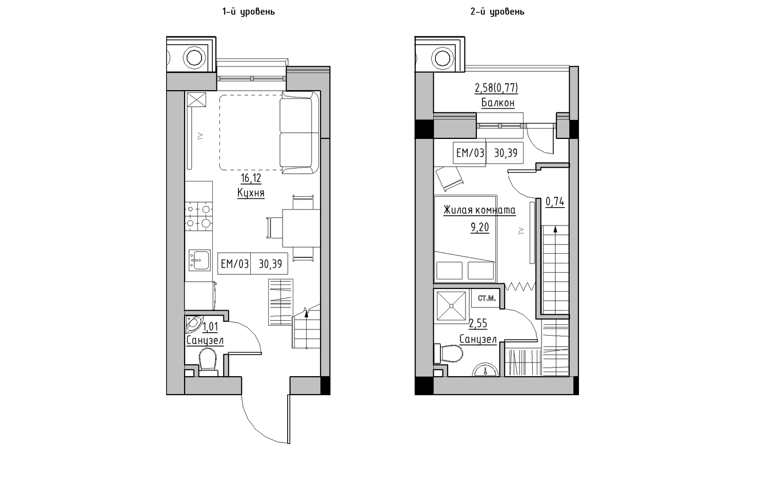 Planning 2-lvl flats area 30.39m2, KS-010-05/0009.