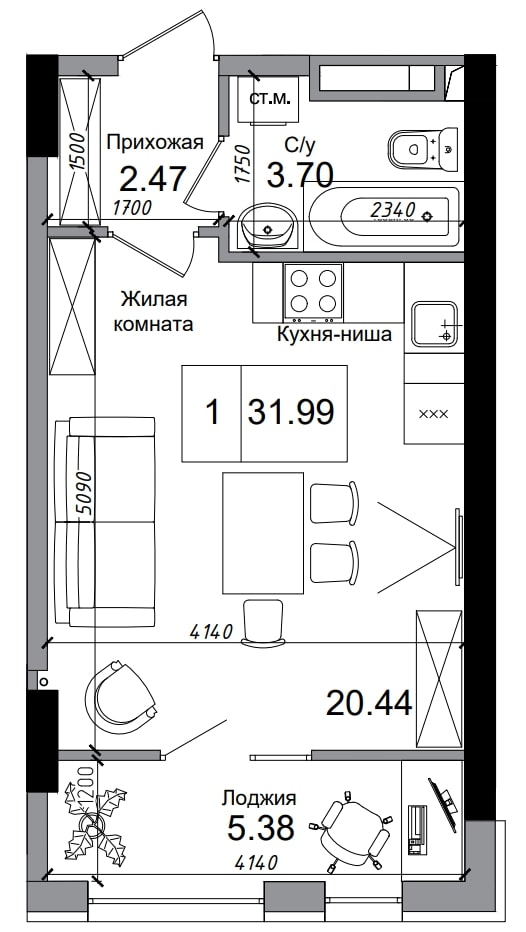 Планировка Smart-квартира площей 31.99м2, AB-04-02/00001.