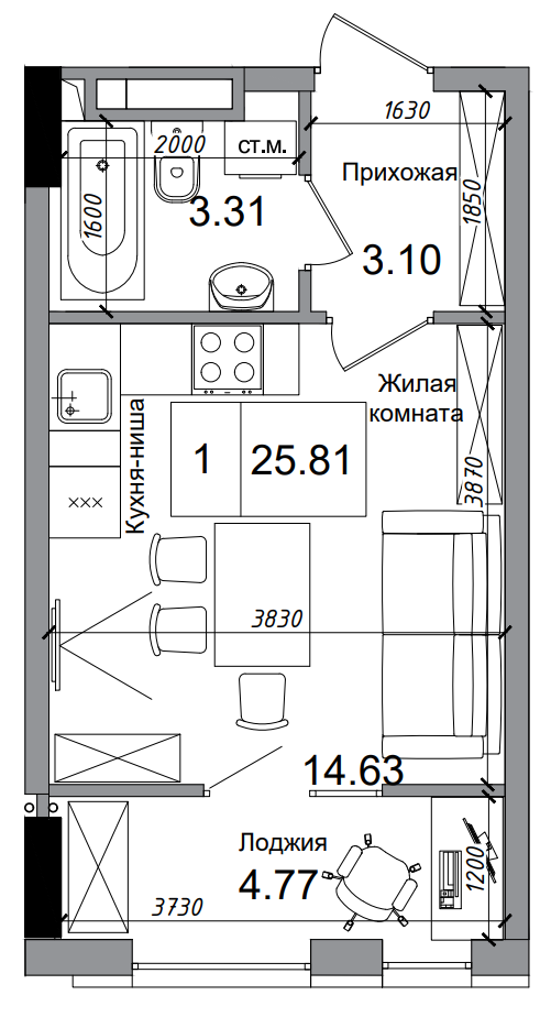 Планування Smart-квартира площею 25.81м2, AB-04-04/00013.