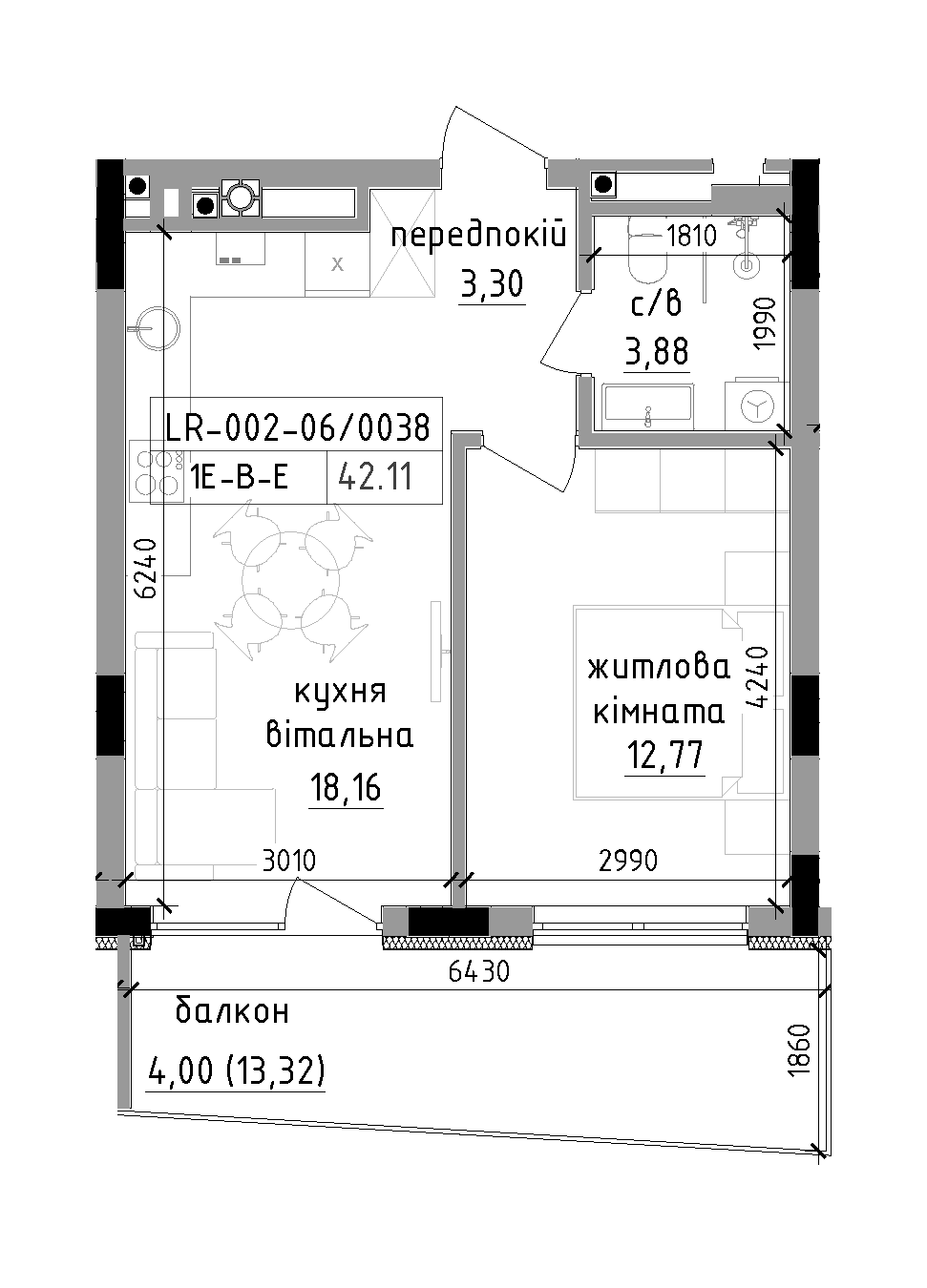 Планировка 1-к квартира площей 42.11м2, LR-002-06/0038.