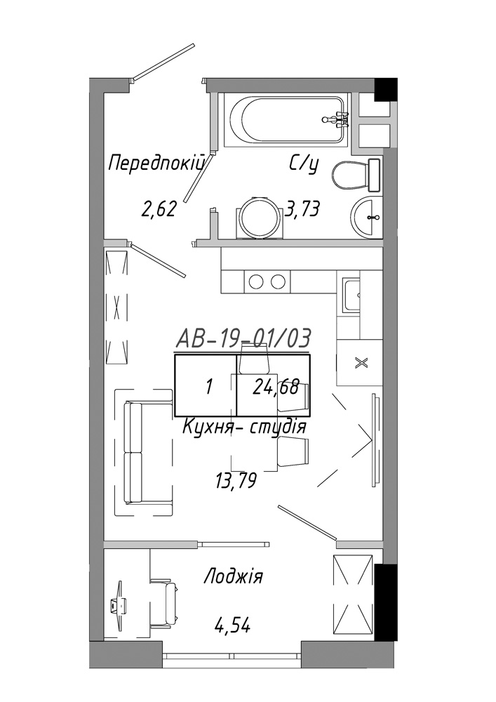 Планування Smart-квартира площею 24.68м2, AB-19-01/00003.