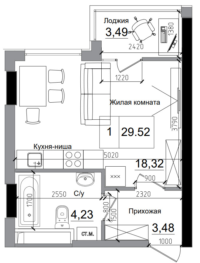 Планировка Smart-квартира площей 29.52м2, AB-11-08/00005.