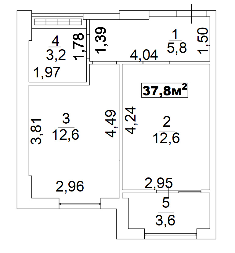 Планування 1-к квартира площею 37.8м2, AB-02-06/0004а.