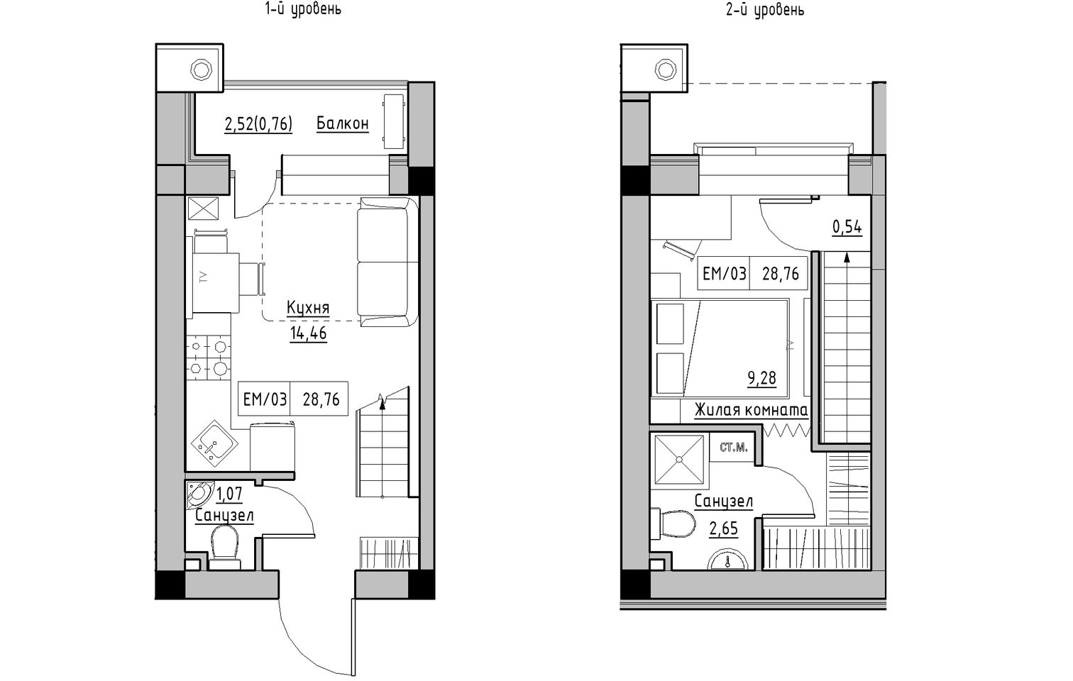 Planning 2-lvl flats area 28.76m2, KS-013-05/0011.
