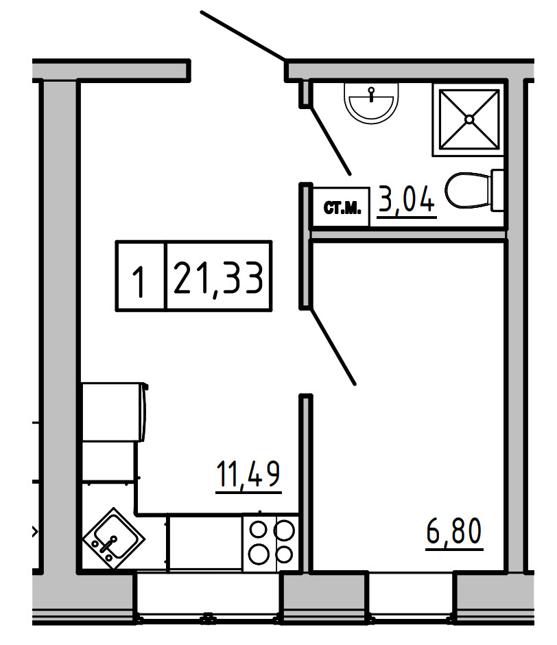 Планировка 1-к квартира площей 21.33м2, KS-01А-04/0012.