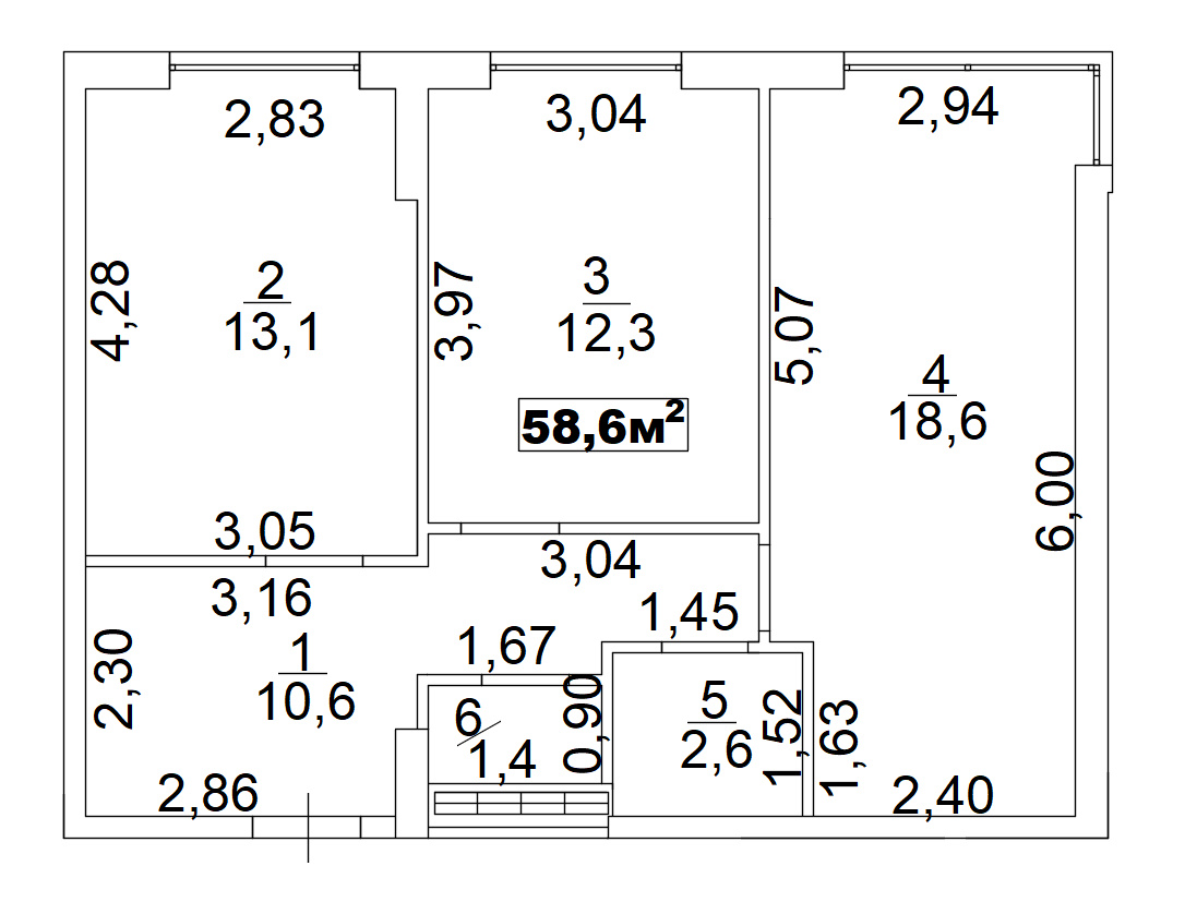 Планировка 2-к квартира площей 58.6м2, AB-02-07/00009.