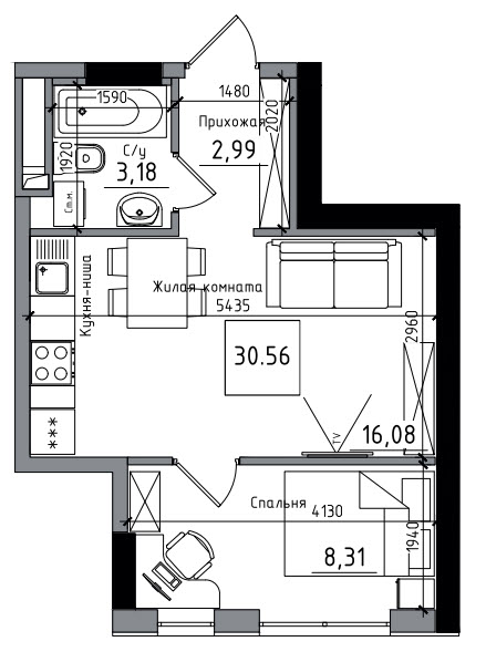 Планування 1-к квартира площею 30.56м2, AB-06-06/00001.