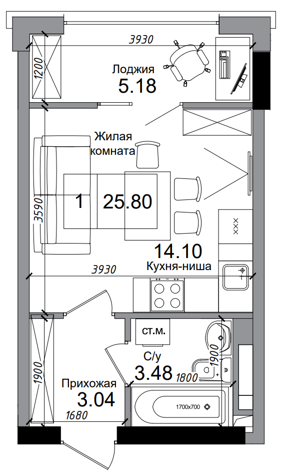 Планування Smart-квартира площею 25.8м2, AB-04-07/00008.