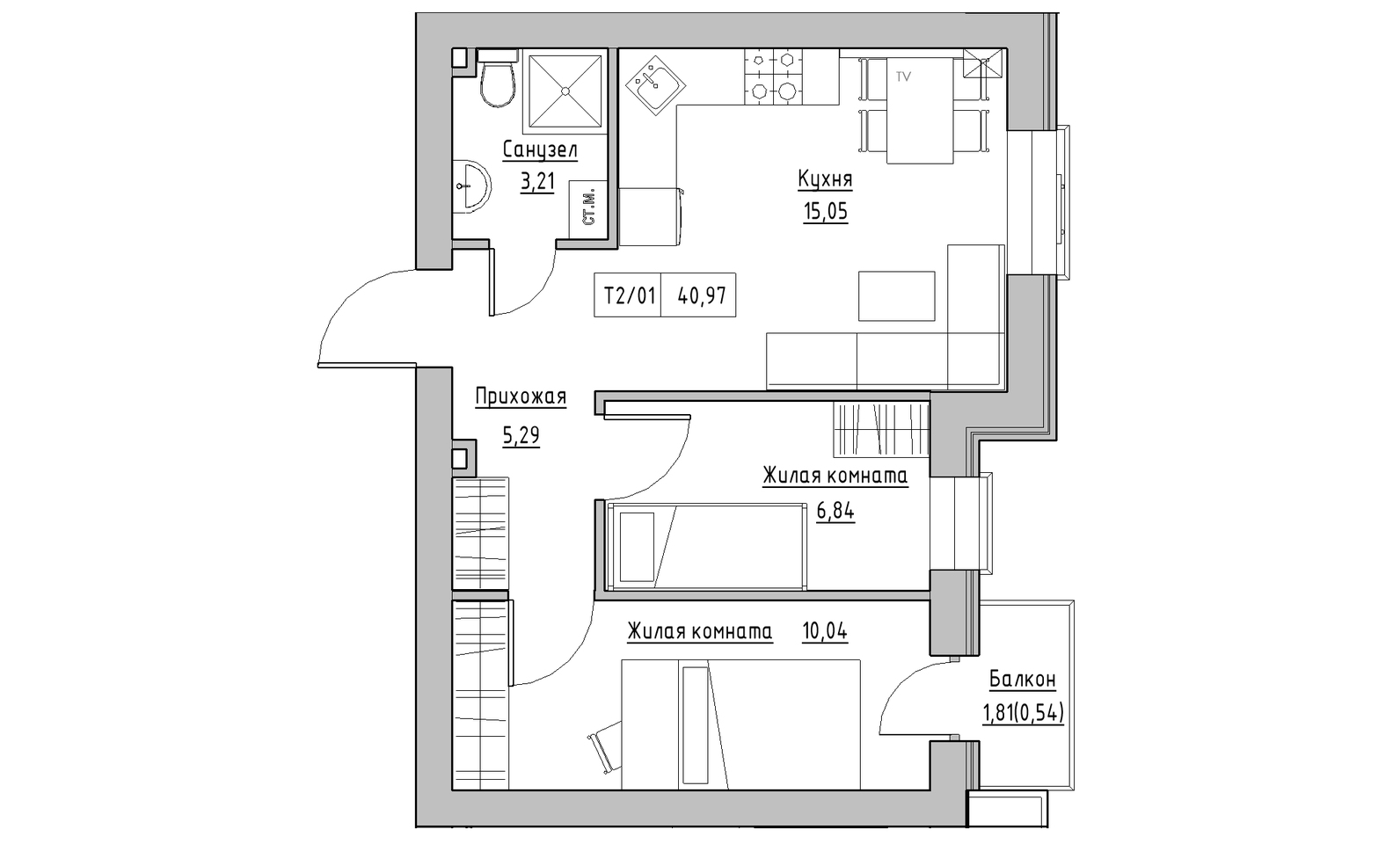 Планування 2-к квартира площею 40.97м2, KS-014-03/0010.