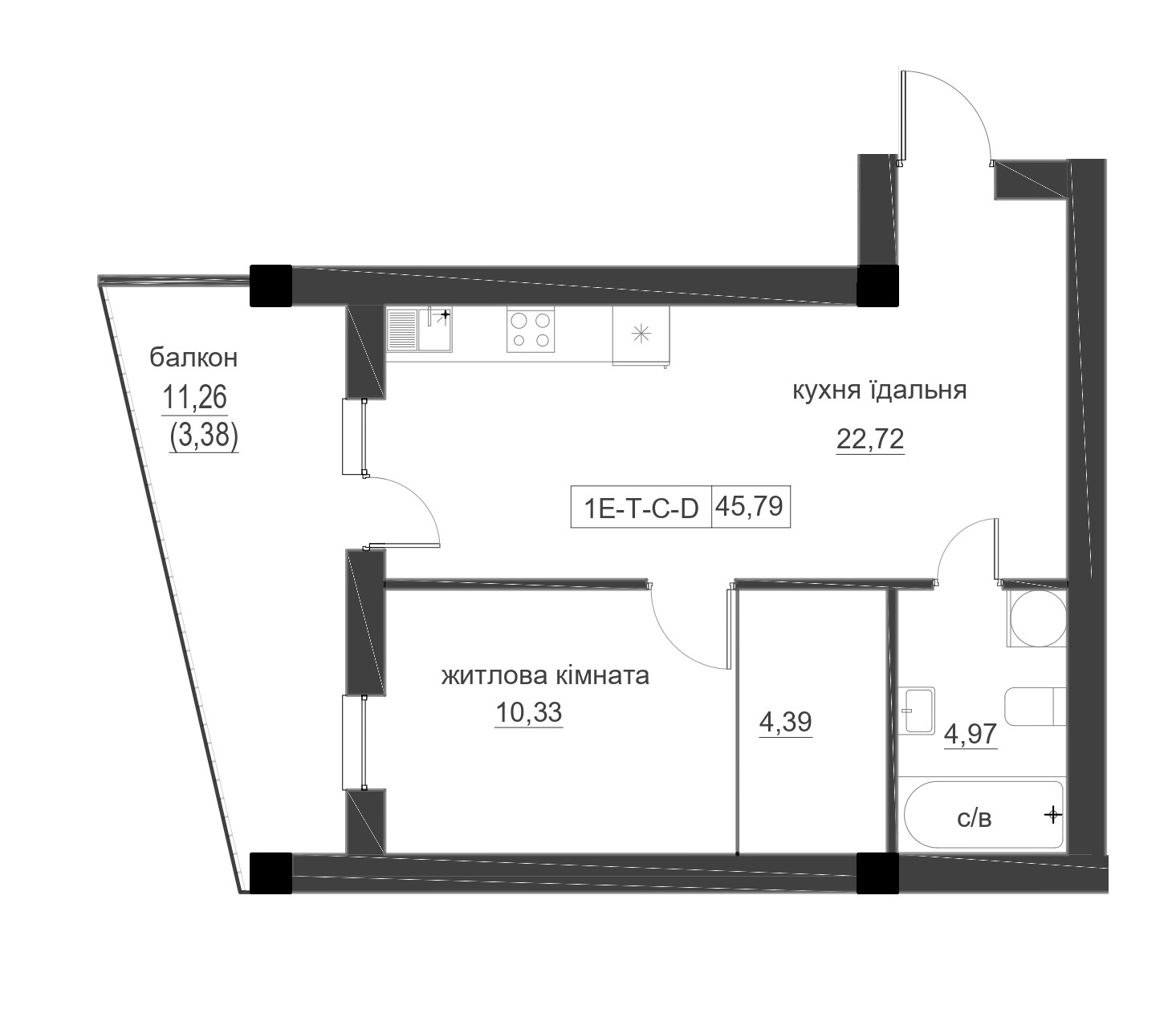 Planning 1-rm flats area 45.79m2, LR-005-03/0004.