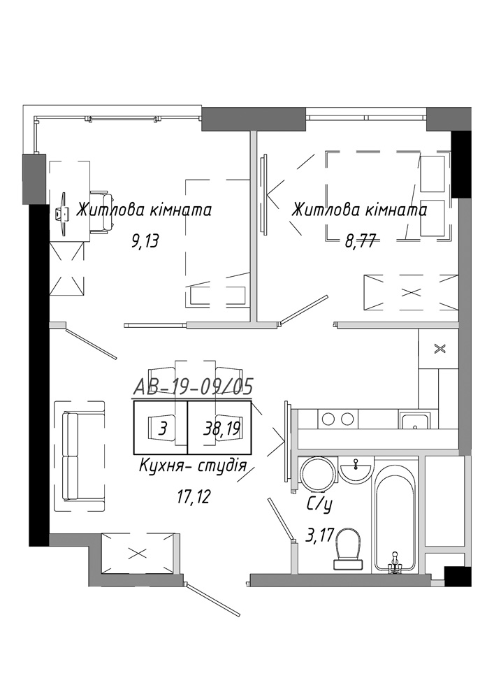 Планування 2-к квартира площею 38.19м2, AB-19-09/00005.