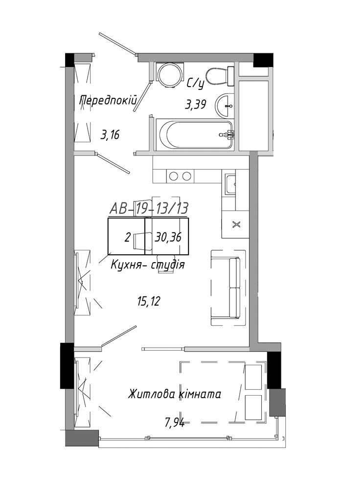 Планування 1-к квартира площею 30.36м2, AB-19-13/00113.
