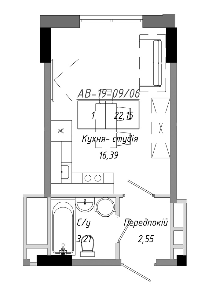 Планування Smart-квартира площею 22.15м2, AB-19-09/00006.